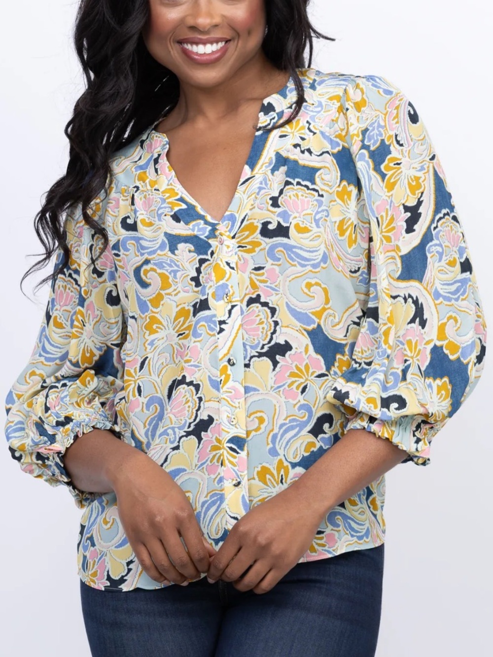 Gilner Farrar Floral V-Neck Button Blouse in Blue Multi